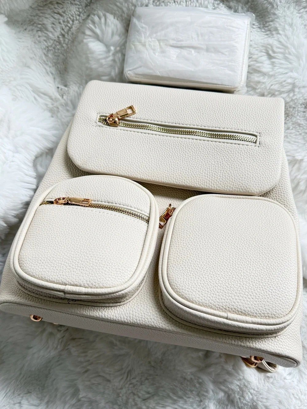 NWT 3 in 1 Cream Pebbled Vegan. Leather Convertible Backpack & Wallet Set.